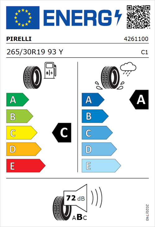 Tyre Label for Pirelli P Zero R 265/30R19 93Y